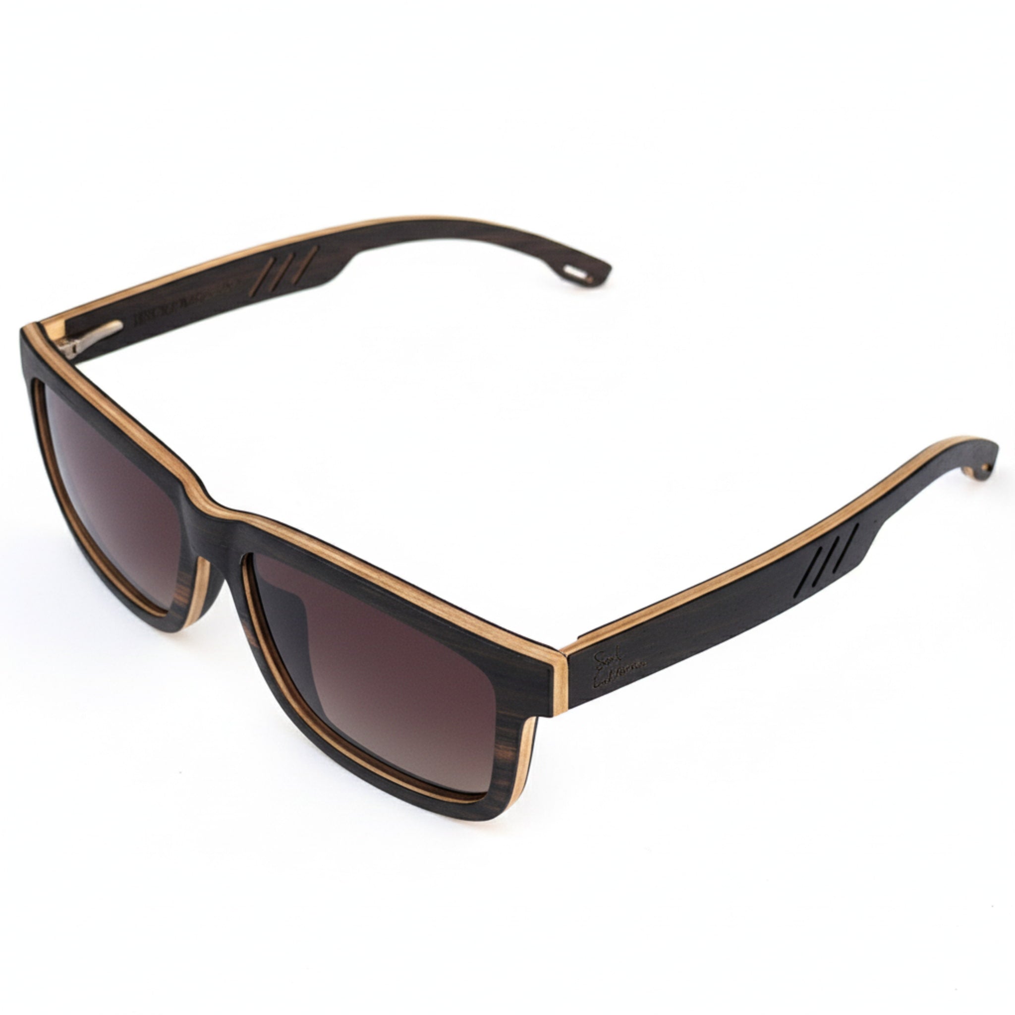 Soul California Eyewear Dreamland Beach 2 sunglasses angled top view showcasing the rich ebony wood frame, smooth contours, and refined handcrafted finish.
