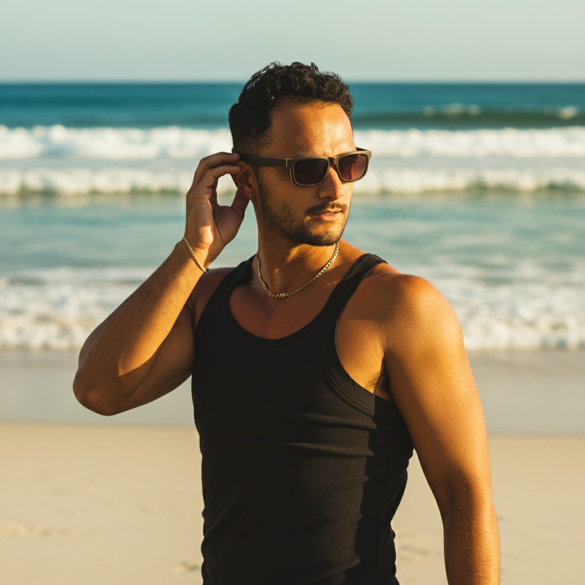 Soul California Eyewear Dreamland Beach 2 sunglasses worn by model, featuring handcrafted ebony wood frame and relaxed coastal style.