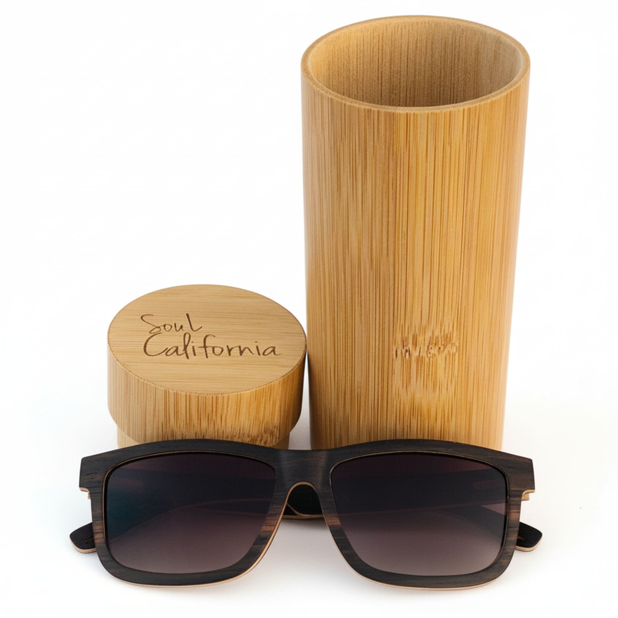 Soul California Eyewear Dreamland Beach 2 sunglasses front view with branded case, featuring handcrafted ebony wood frame and smooth polished finish.