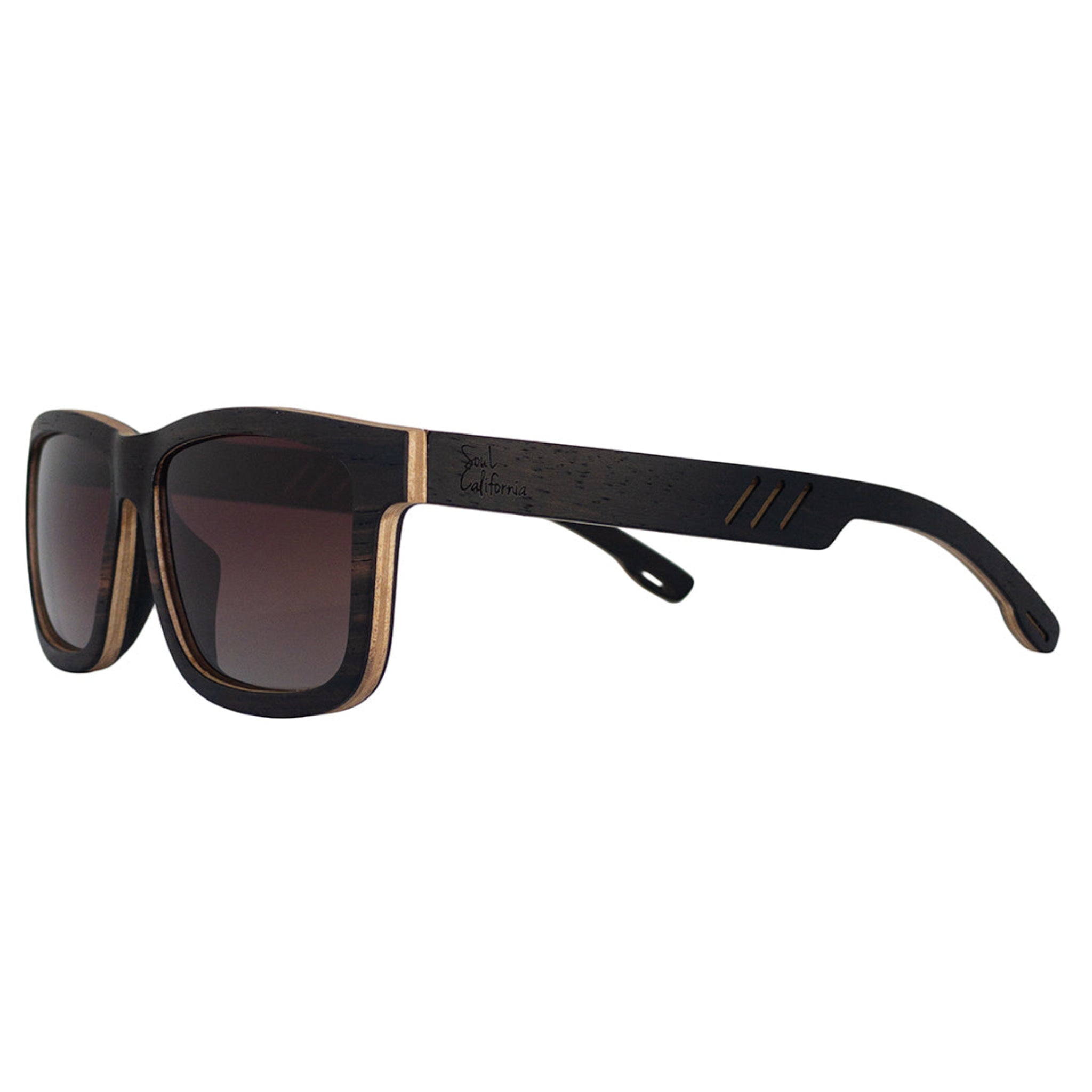 Soul California Eyewear Dreamland Beach 2 wooden sunglasses side view showing natural wood grain temples and smooth handcrafted finish.