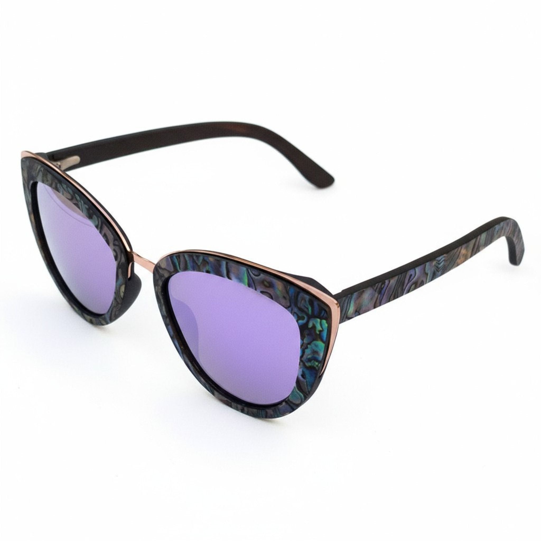 Angled top view of Soul California Eyewear Hermosa Beach Lilac sunglasses highlighting ebony wood, New Zealand abalone paua shell detailing, and lilac mirrored polarized lenses.