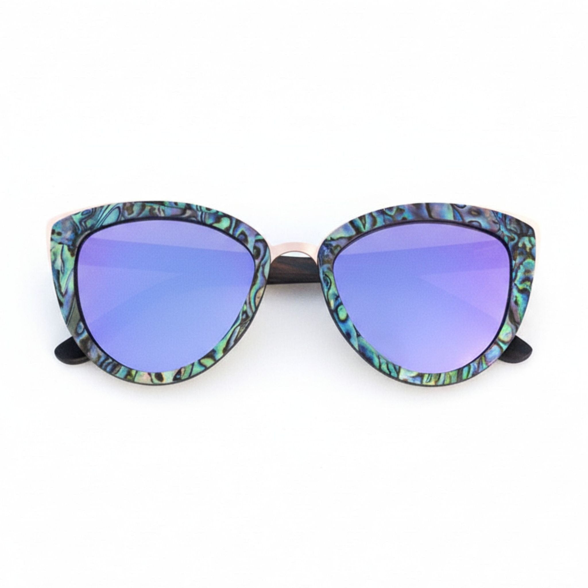 Soul California Eyewear Hermosa Beach Lilac sunglasses front view crafted from ebony wood and New Zealand abalone paua shell with lilac mirrored polarized UV400 lenses.
