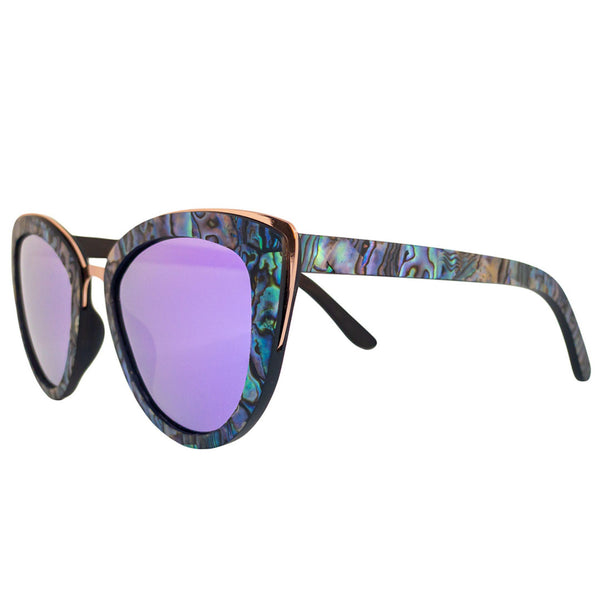 Side view of Soul California Eyewear Hermosa Beach Lilac sunglasses showing ebony wood with New Zealand abalone paua shell accents and lilac mirrored polarized UV400 lenses.