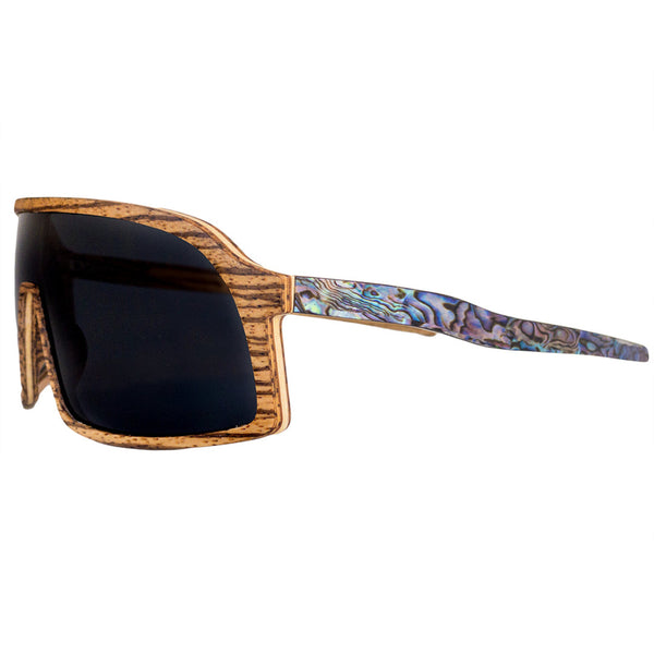 Side view of Soul California Eyewear Manhattan Beach 2 sunglasses showing the Zebra Wood wraparound frame and polarized black lenses.