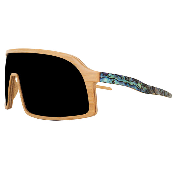 Side view of Soul California Eyewear Manhattan Beach sunglasses showing bamboo wraparound frame and polarized black lenses.
