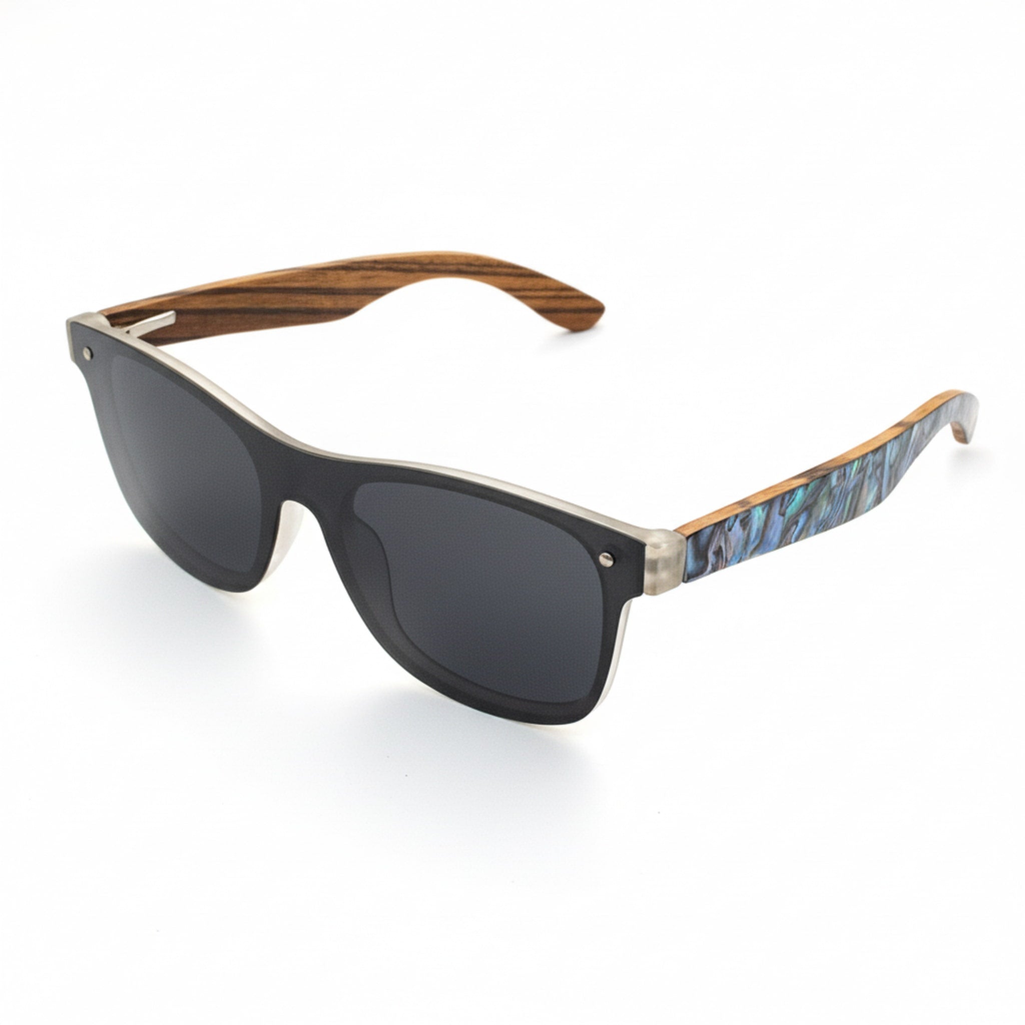 Angled top view of Soul California Eyewear Maui sunglasses highlighting the Abalone Seashell detail, Zebra Wood accents, and smooth rPC front.