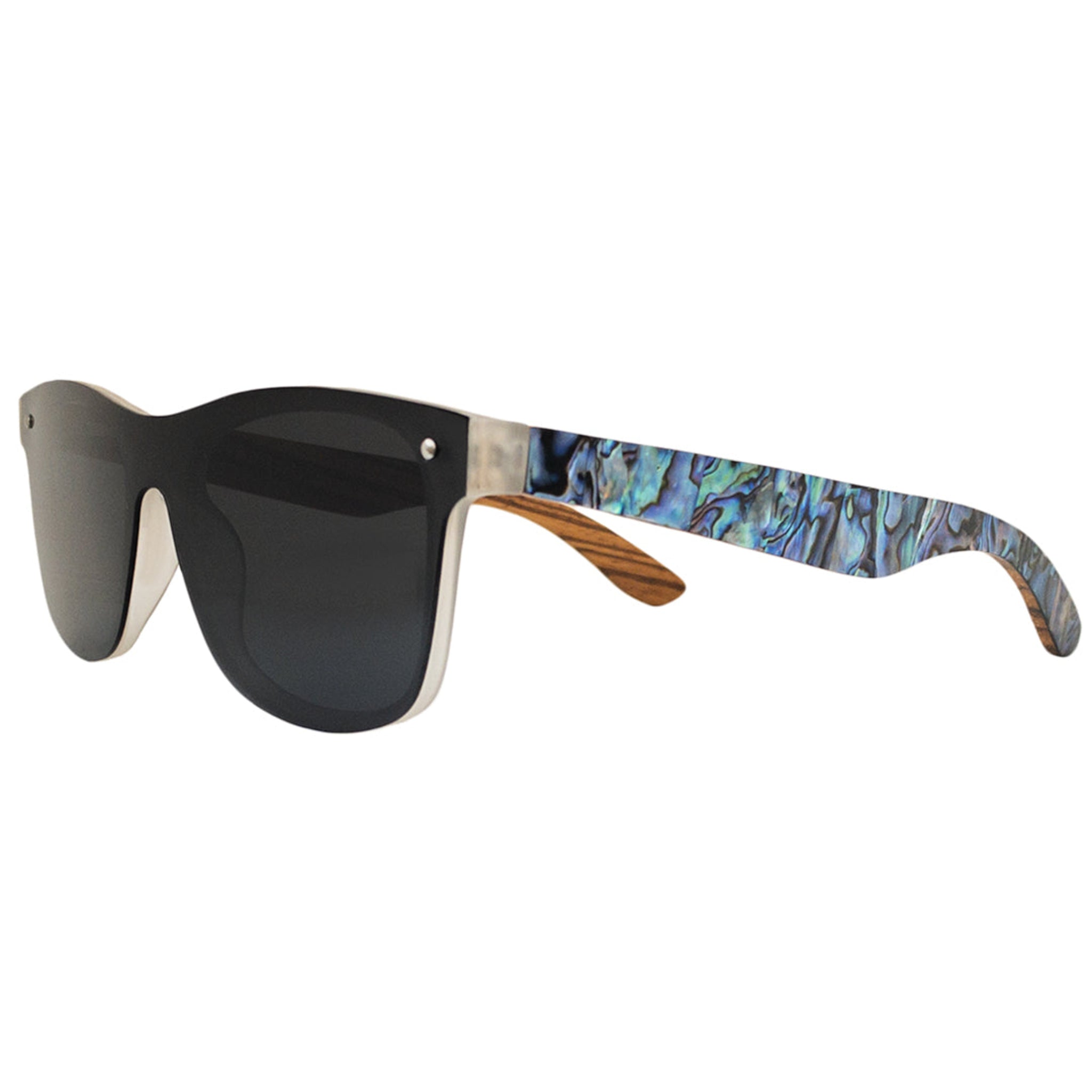 Side view of Soul California Eyewear Maui sunglasses showing Abalone Seashell, Zebra Wood, and rPC frame with polarized light black lenses.