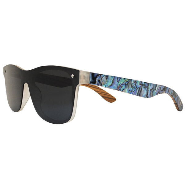 Side view of Soul California Eyewear Maui sunglasses showing Abalone Seashell, Zebra Wood, and rPC frame with polarized light black lenses.