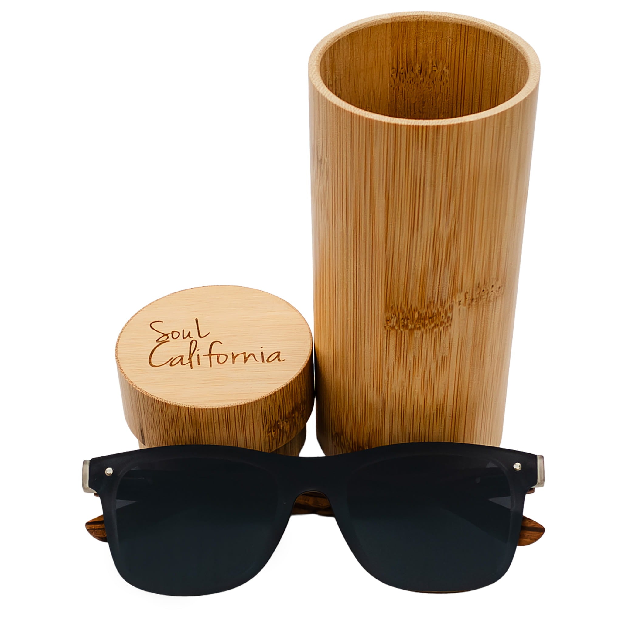 Soul California Eyewear Maui sunglasses front view with branded case, featuring Abalone Seashell, Zebra Wood, and rPC frame with polarized light black lenses