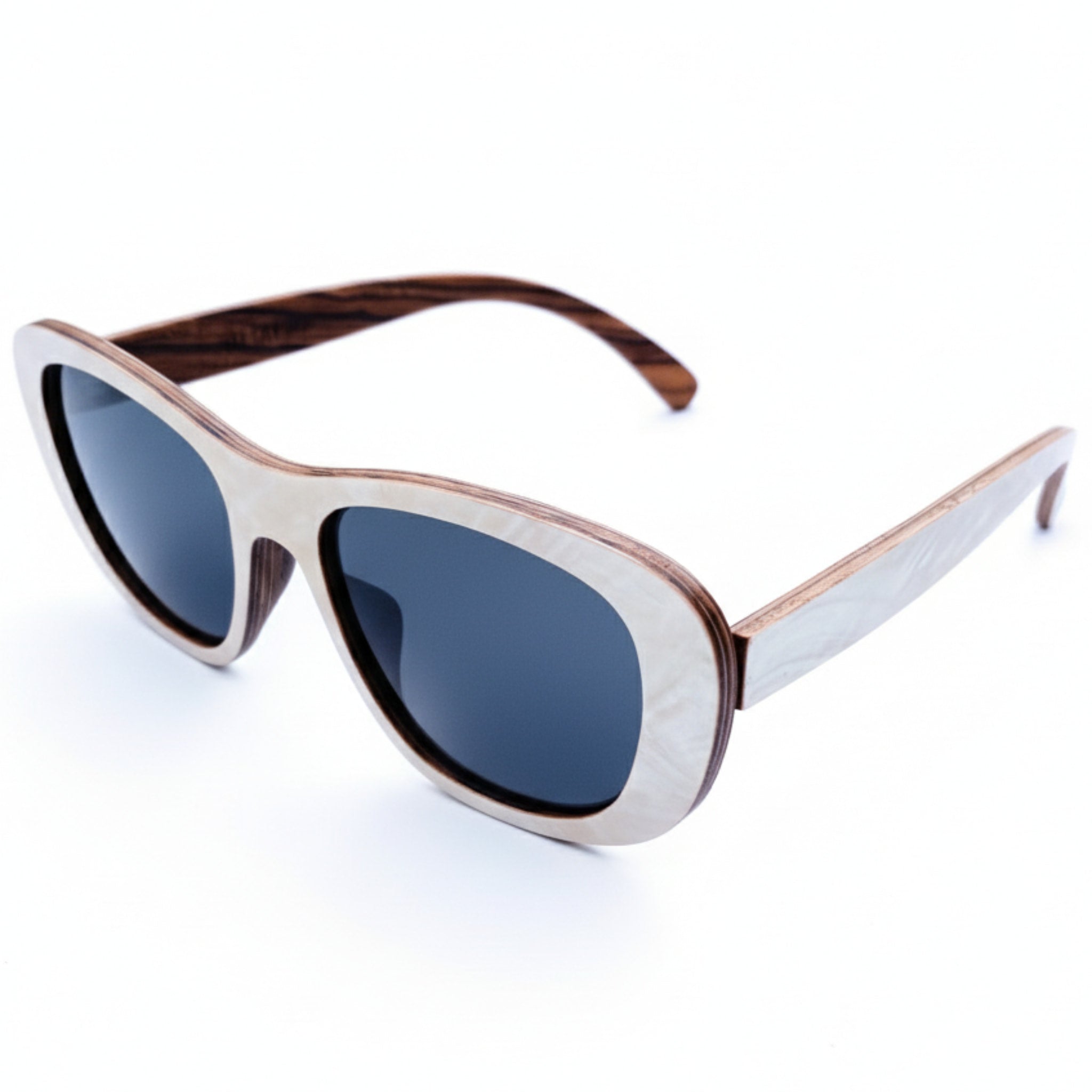 Angled top view of Soul California Eyewear Moonlight Beach sunglasses highlighting mother of pearl accents and handcrafted zebra wood frame.