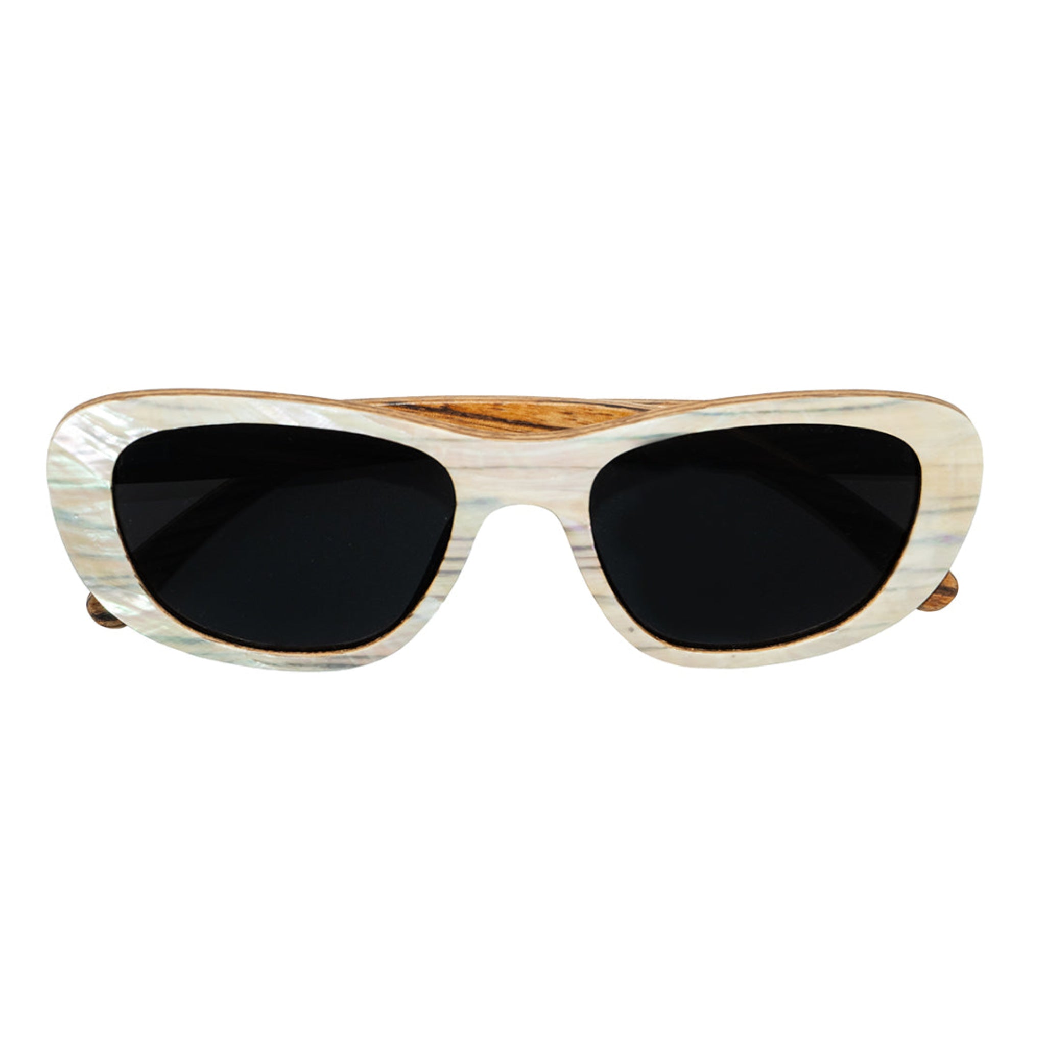 Soul California Eyewear Moonlight Beach sunglasses front view crafted from zebra wood and mother of pearl inlay with polarized lenses.