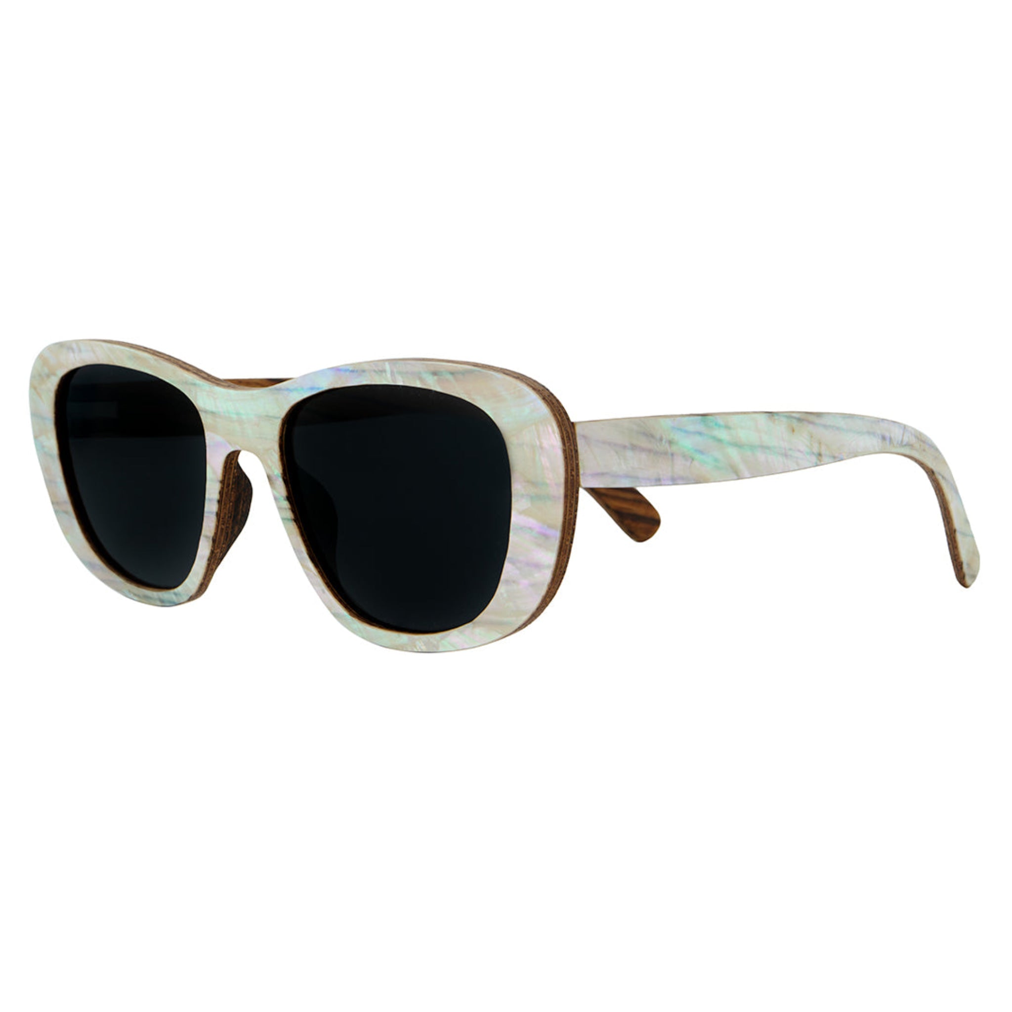 Side view of Soul California Eyewear Moonlight Beach sunglasses showing zebra wood with mother of pearl detail