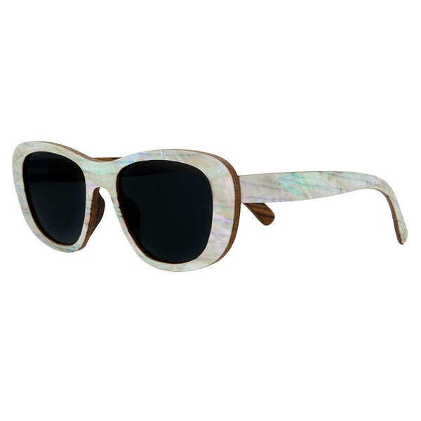 Side view of Soul California Eyewear Moonlight Beach sunglasses showing zebra wood with mother of pearl detail