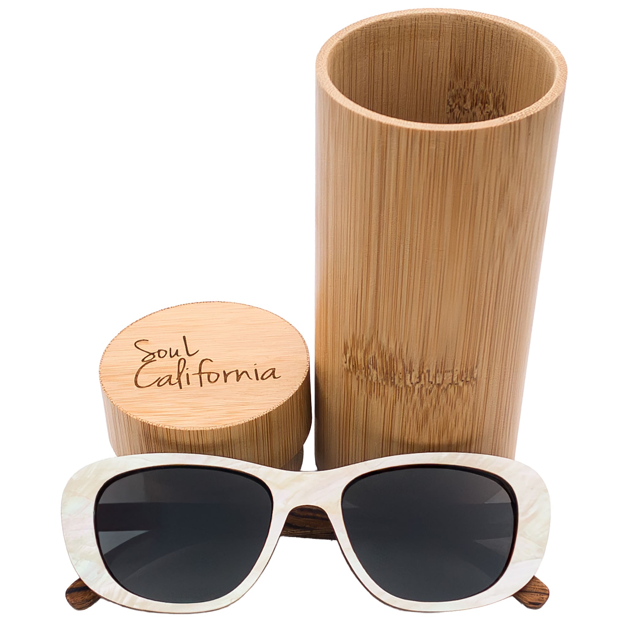 Soul California Eyewear Moonlight Beach sunglasses front view with branded case, crafted from zebra wood and mother of pearl with polarized lenses