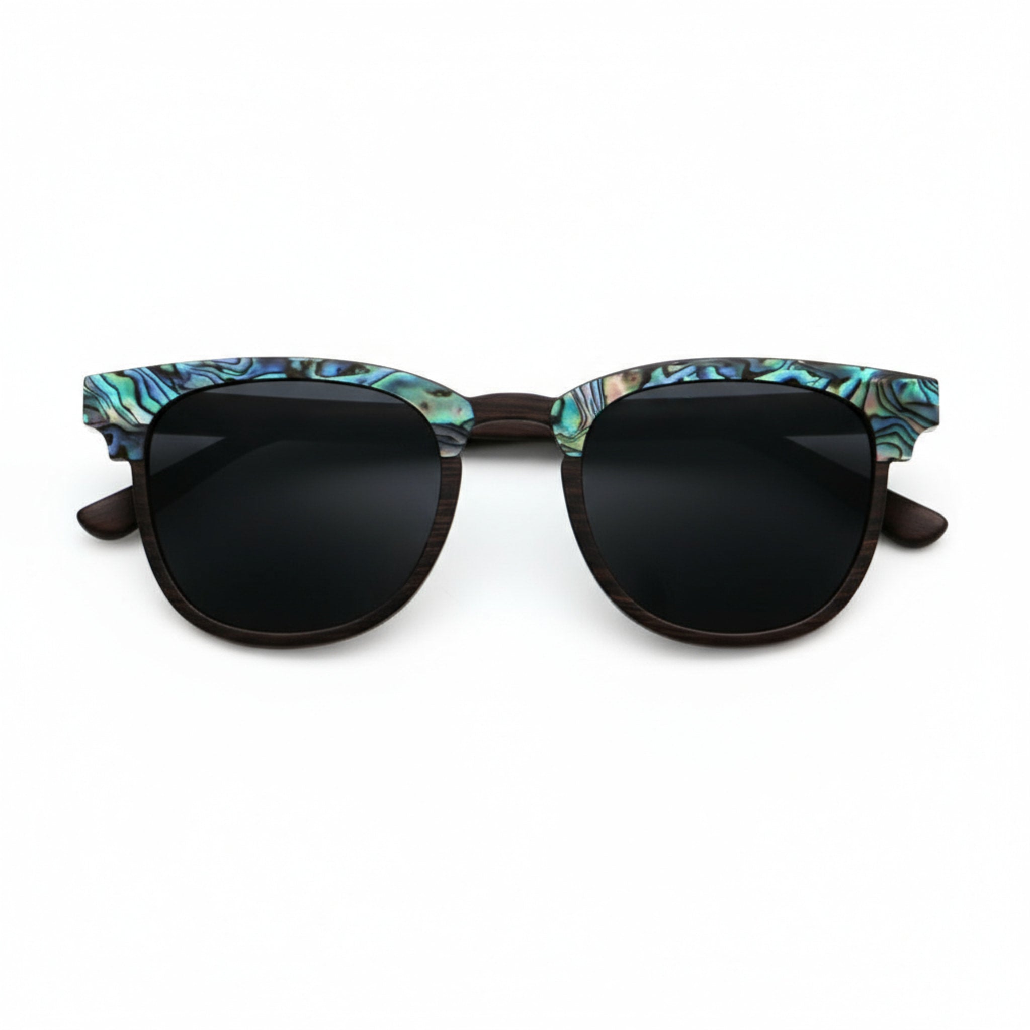 Soul California Eyewear Pebble Beach Dusk 2 sunglasses front view crafted from ebony wood and genuine abalone shell with polarized black lenses.