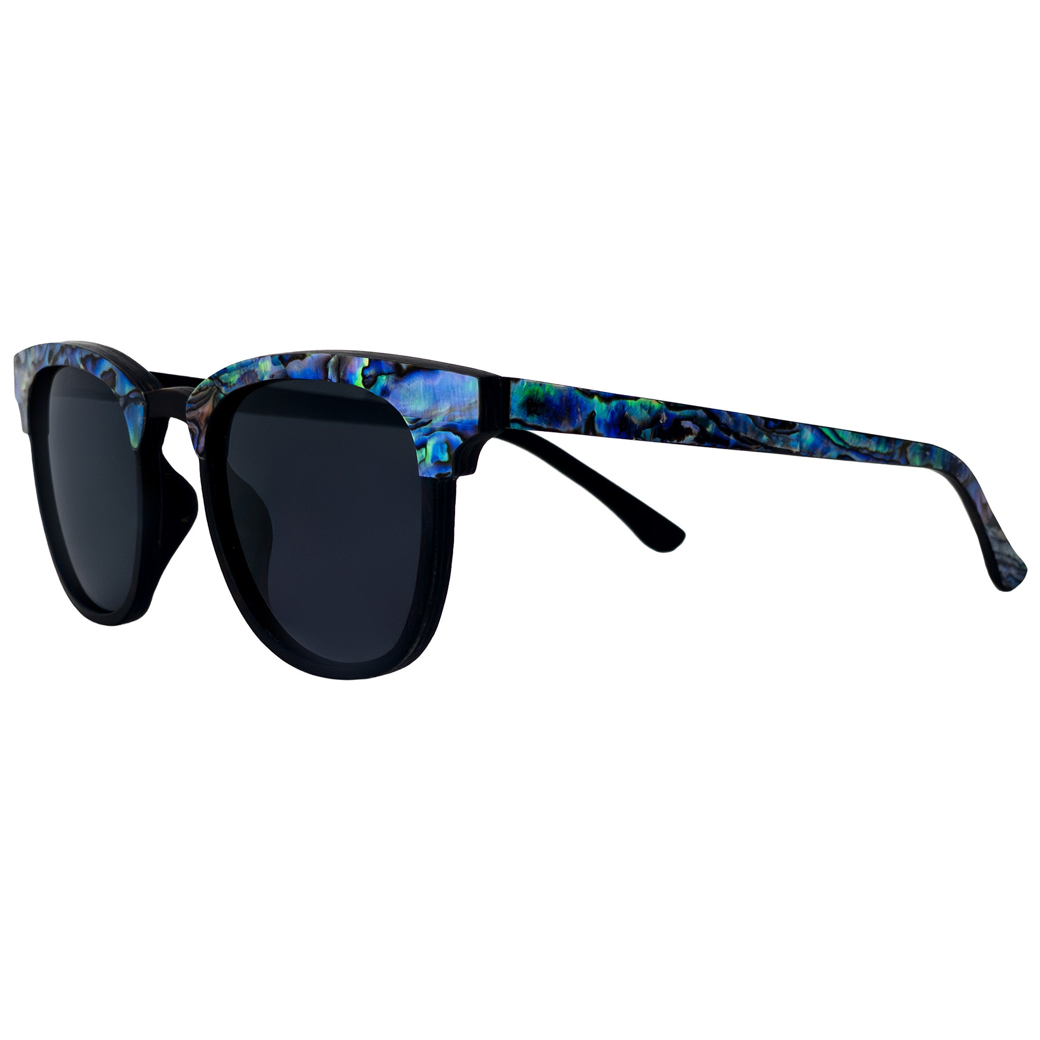 Side view of Soul California Eyewear Pebble Beach Dusk 2 sunglasses showing ebony wood with abalone shell