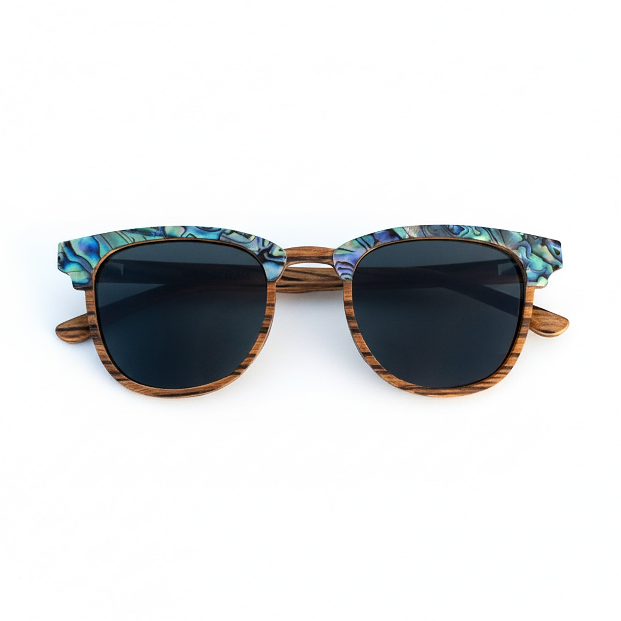 Soul California Eyewear Pebble Beach Dusk sunglasses front view crafted from zebra wood and genuine abalone shell with light black polarized lenses.