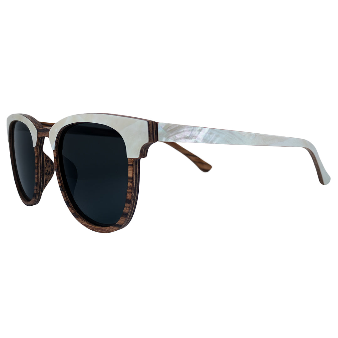 Side view of Soul California Eyewear Pebble Beach Pearl sunglasses showing zebra wood with mother of pearl and spring hinges.