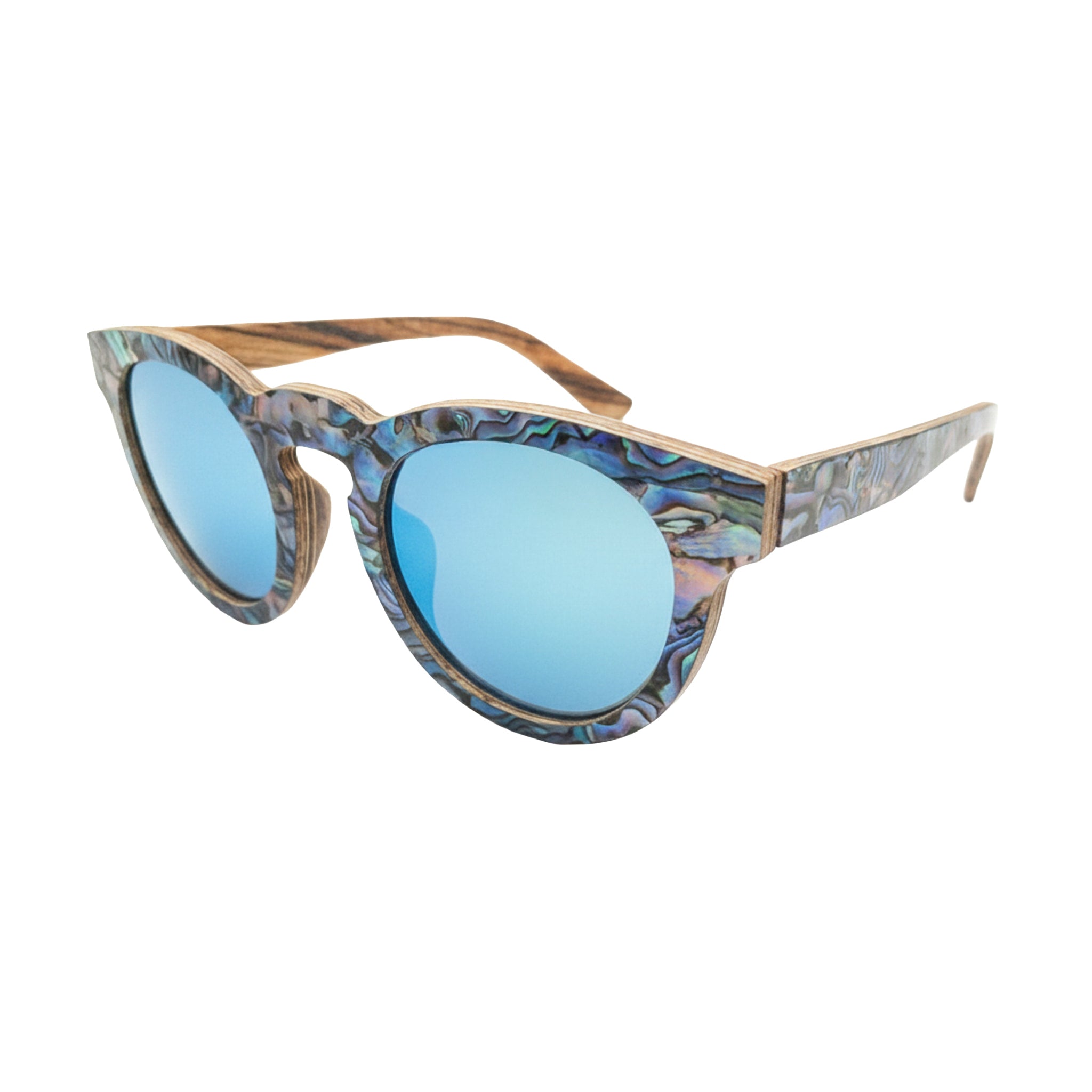 Angled top view of Soul California Eyewear Pfeiffer Beach sunglasses highlighting the iridescent New Zealand Abalone Paua Shell detail and smooth handcrafted Zebra Wood frame.