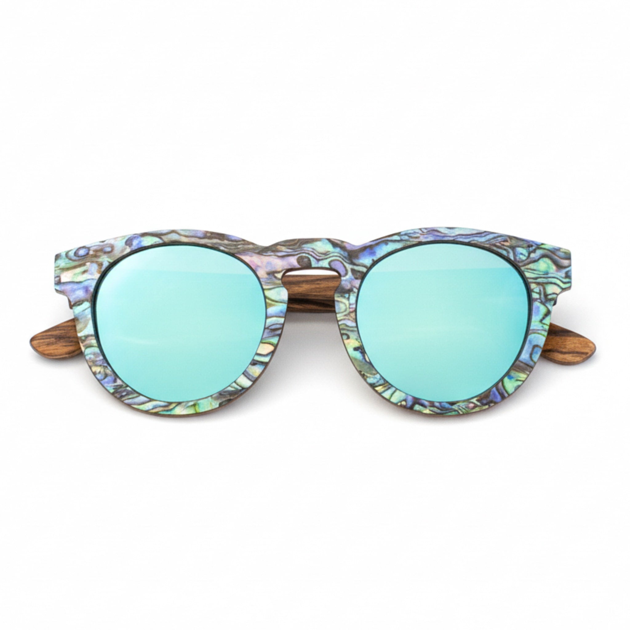 Soul California Eyewear Pfeiffer Beach sunglasses front view crafted from Zebra Wood & New Zealand Abalone Paua Shell with polarized blue lenses.
