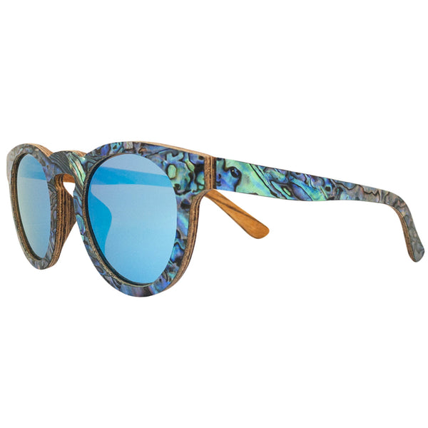 Side view of Soul California Eyewear Pfeiffer Beach sunglasses showing Zebra Wood & New Zealand Abalone Paua Shell with spring hinges and polarized blue lenses.