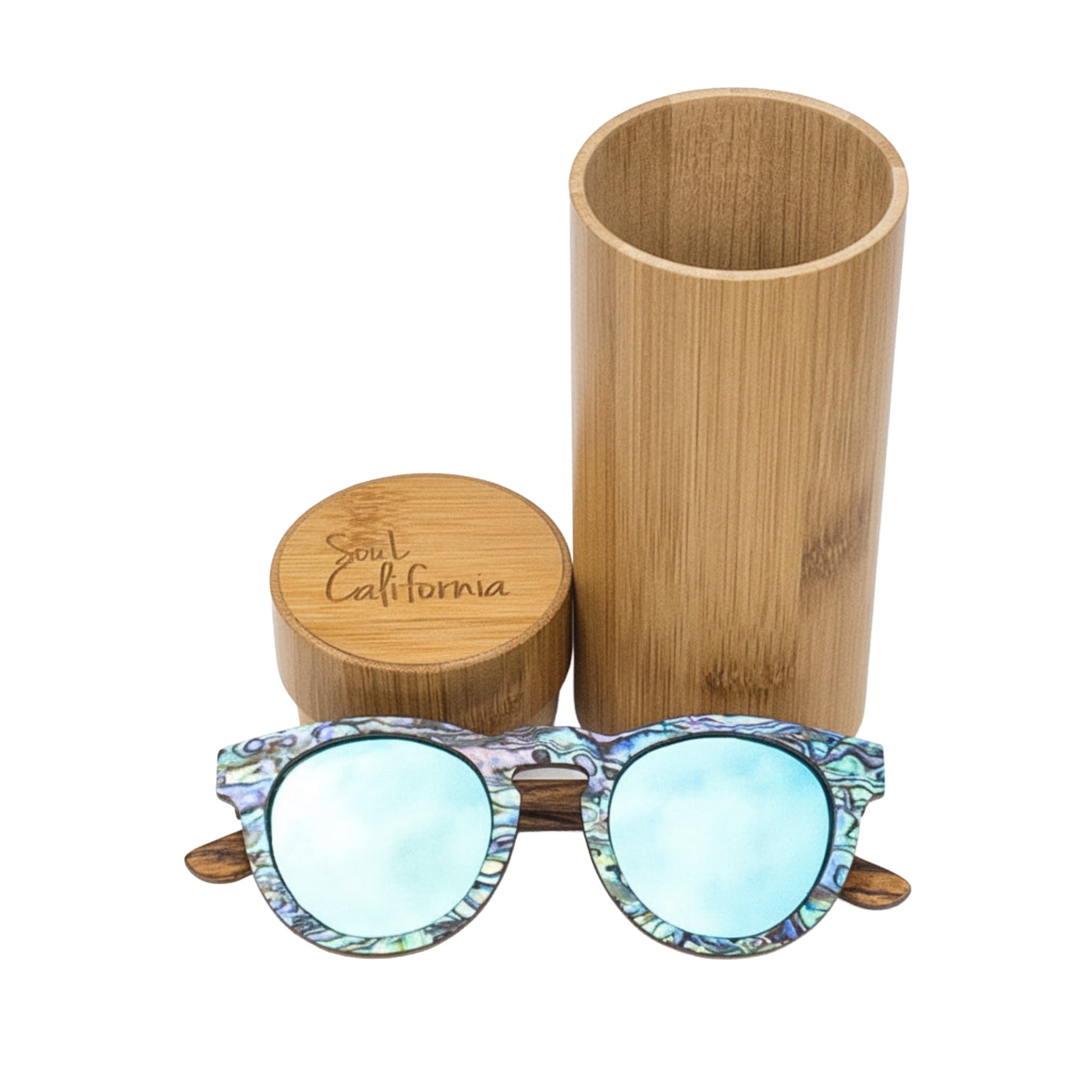 Soul California Eyewear Pfeiffer Beach sunglasses front view with branded case, featuring Zebra Wood & New Zealand Abalone Paua Shell frame and polarized blue lenses.