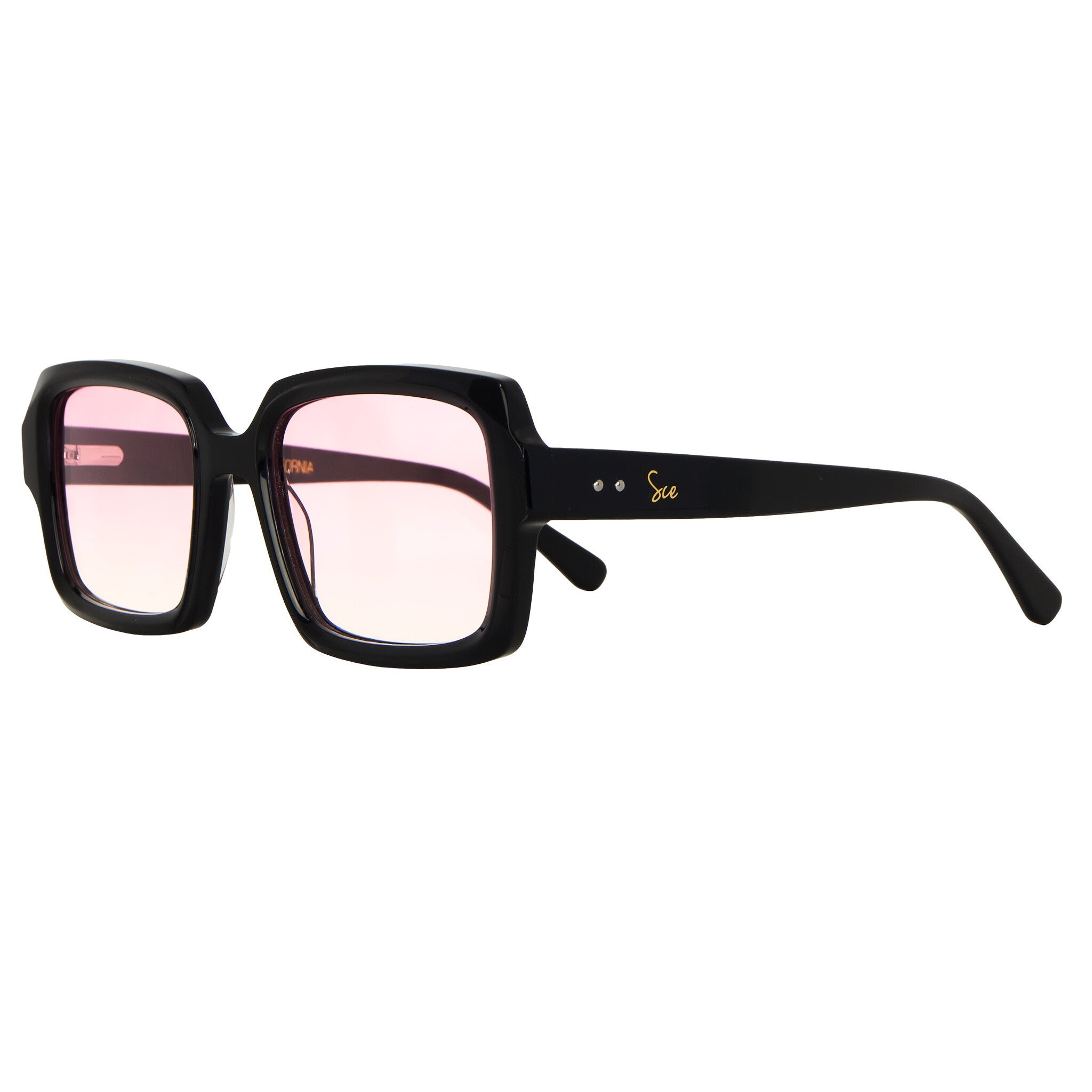 Side view of Soul California Eyewear Rosara sunglasses showing polished black acetate temples and pink gradient lenses.