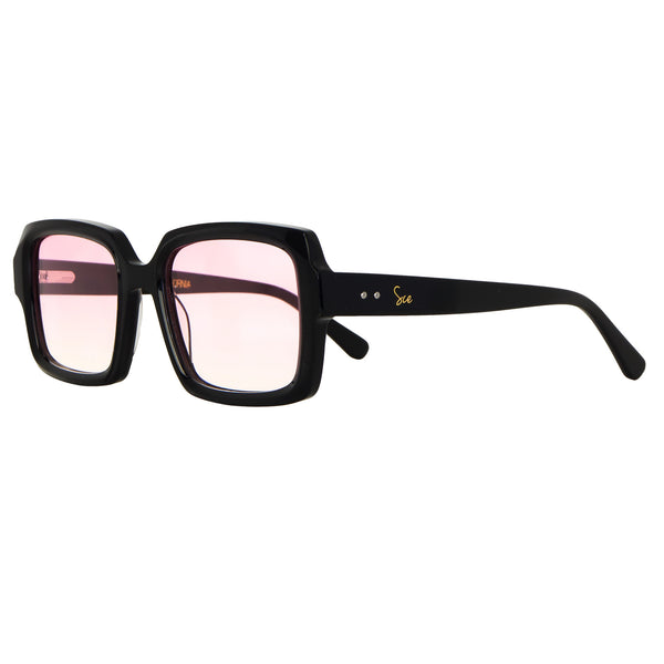 Side view of Soul California Eyewear Rosara sunglasses showing polished black acetate temples and pink gradient lenses.