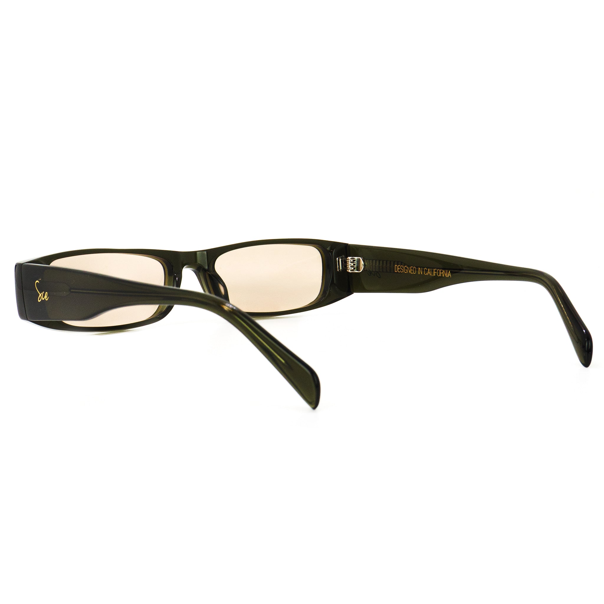 Angled top view of Soul California Eyewear Varin 2 sunglasses featuring a sage green acetate frame and khaki polarized lenses.