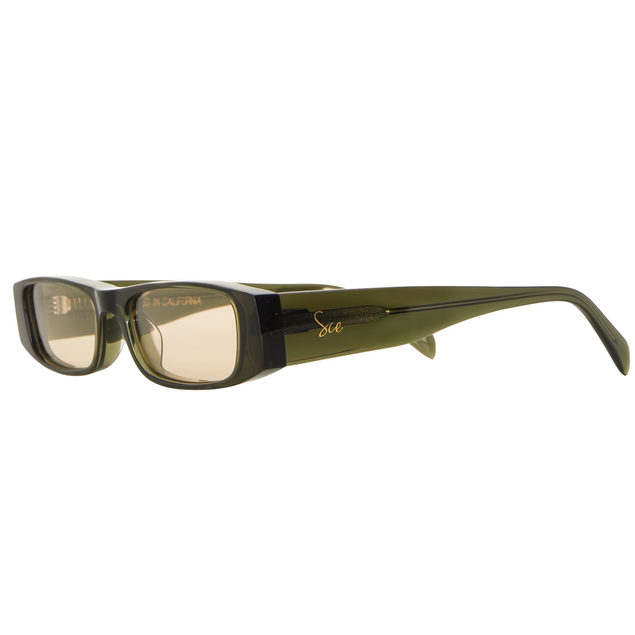 Side view of Soul California Eyewear Varin 2 sunglasses showing the sage green acetate frame with khaki polarized lenses.