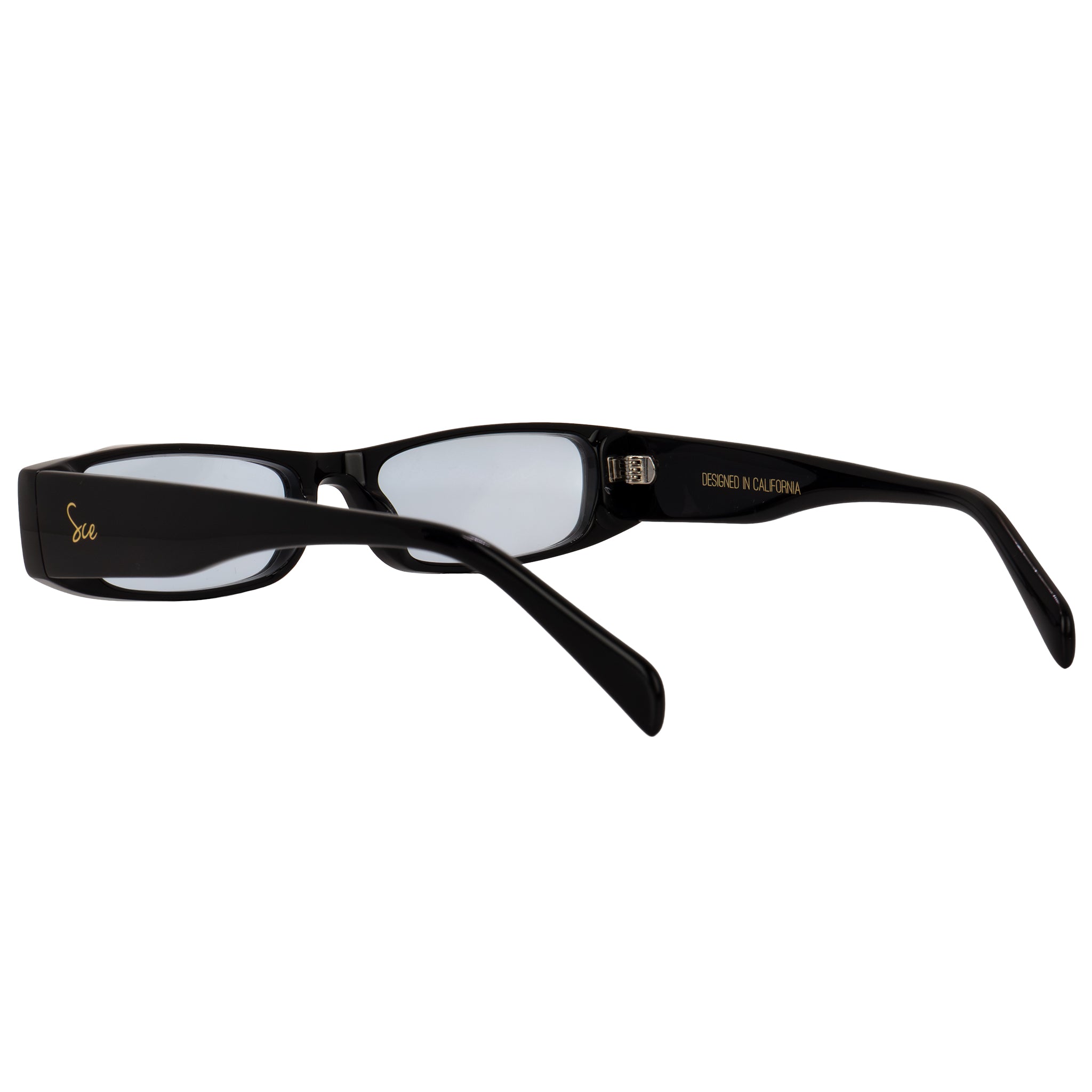 Angled top view of Soul California Eyewear Varin sunglasses highlighting the black frame and light blue UV-protected lenses.